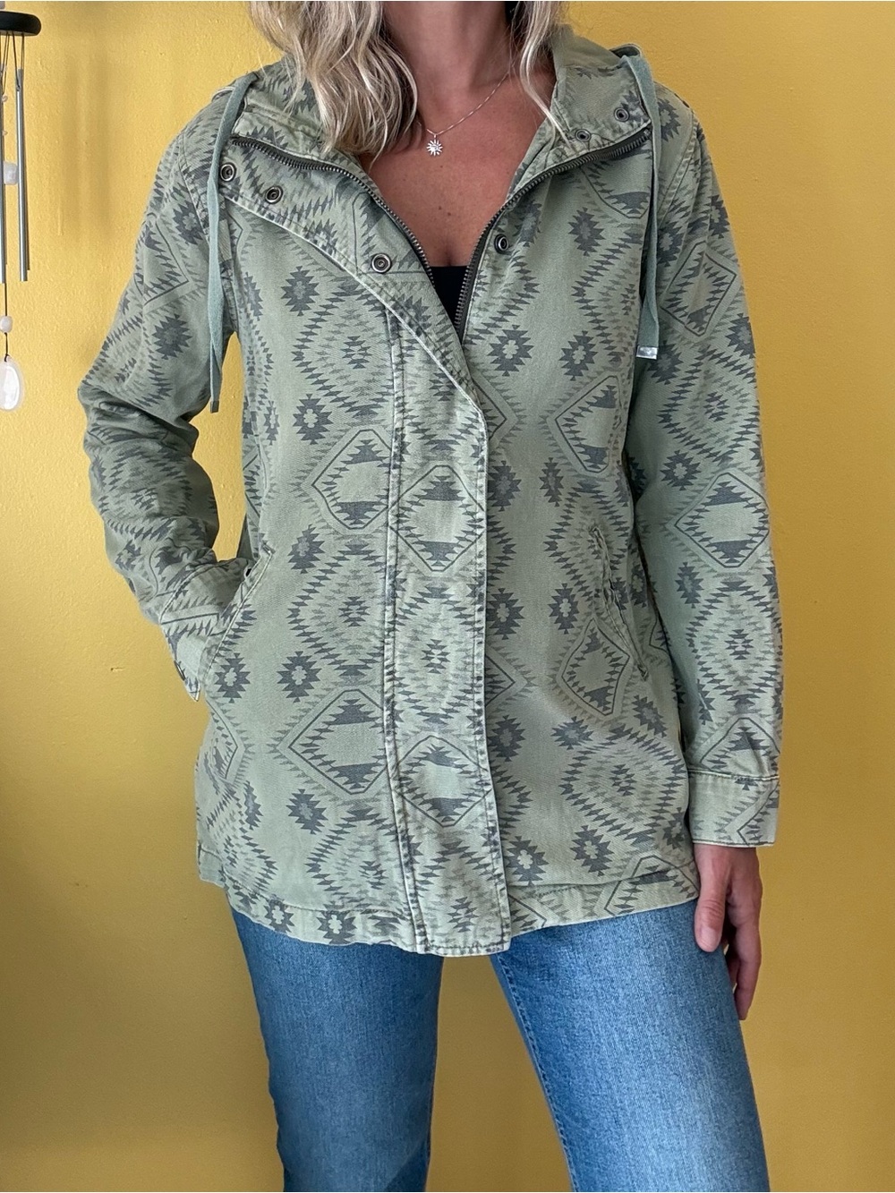 Southwestern Print Army Green Hooded Zip Up Utility Jacket Fall Shacket Small